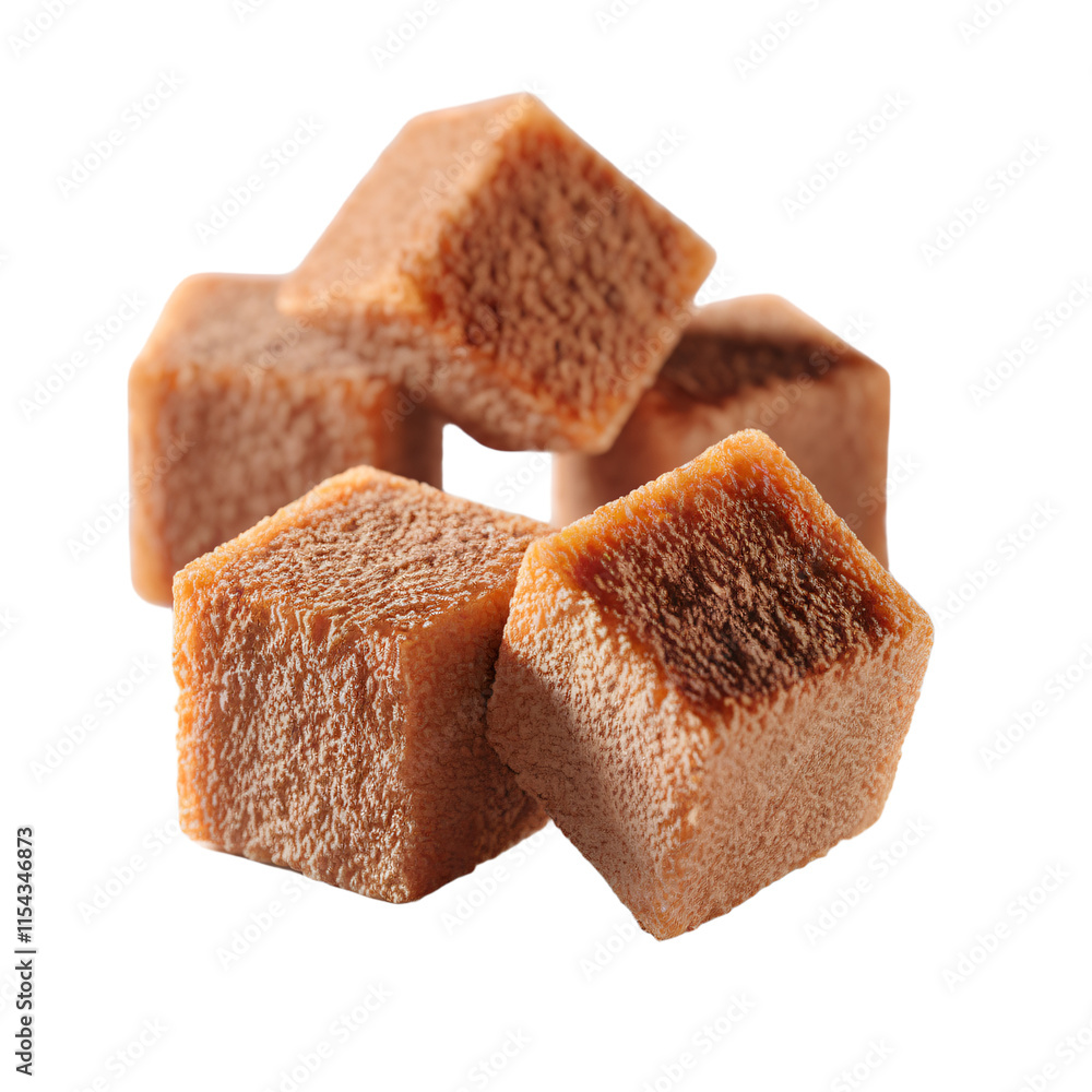 A 3D render of brown sugar cubes isolated on a transparent background. The cubes have a rough, textured surface. A 3D render of brown sugar cubes isolated on a transparent background. The cubes have a rough, textured surface.