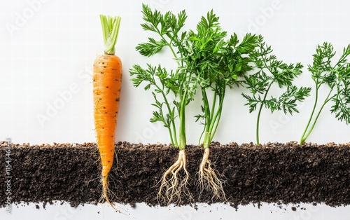 A vibrant carrot with visible roots and leaves, isolated on a clean white background
