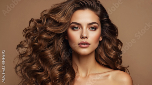 Beautiful  brunette model  girl  with long curly  hair . Smiling  woman hairstyle wavy curls .  Beauty, hair care, hairstyles and hair coloring.   Fashion , beauty and makeup portrait
