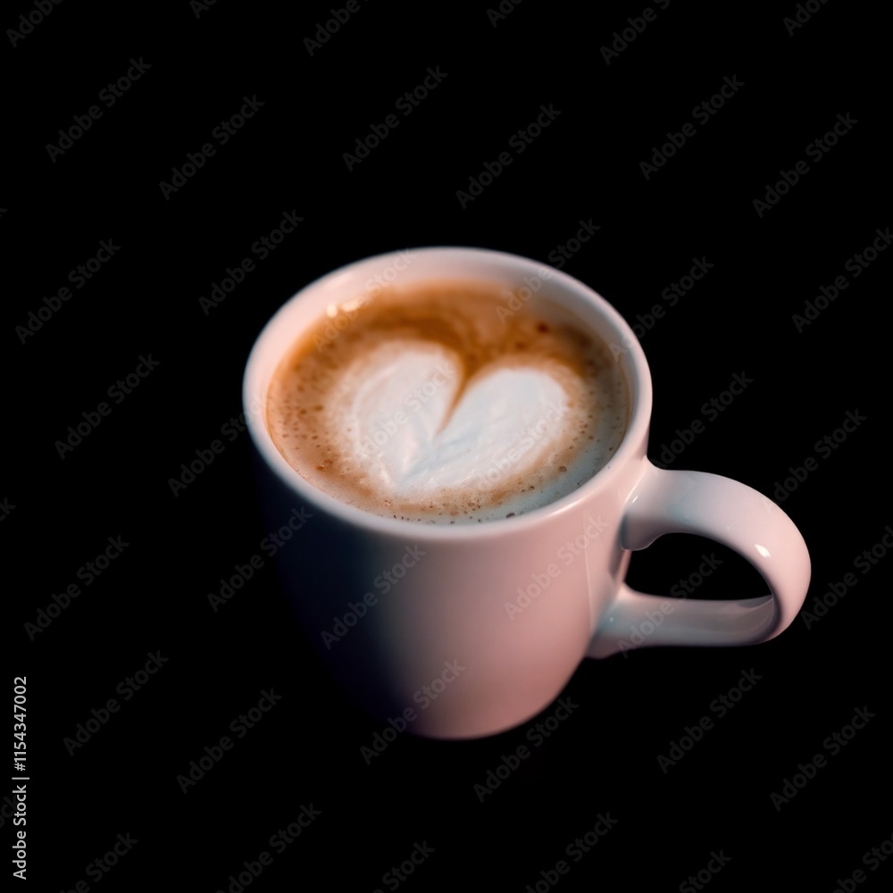 Hot cappuccino with milk foam in a white cup, isolated, rich burgundy and deep blue tones Hot cappuccino with milk foam in a white cup, isolated, rich burgundy and deep blue tones