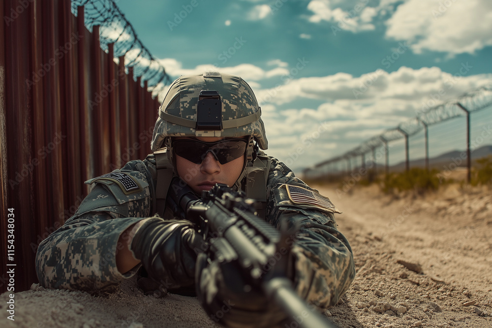 Fototapeta premium soldier is crouching down and holding a rifle. Concept of danger and war