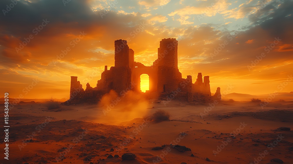 Fototapeta premium Sunset illuminating ancient desert ruins.