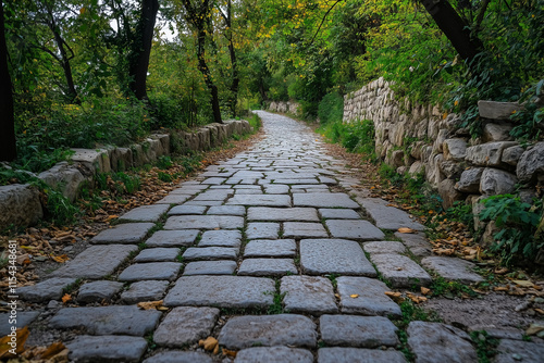 stone walkway with trees in the background. The walkway is made of cobblestones and is surrounded by grass photo