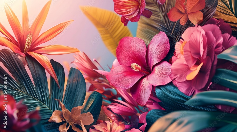 Fototapeta premium Tropical flowers in a lush vibrant composition