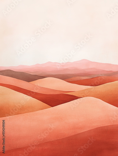 A soft pastel painting of an arid desert landscape, featuring rolling hills and distant sand dunes under the clear sky. 