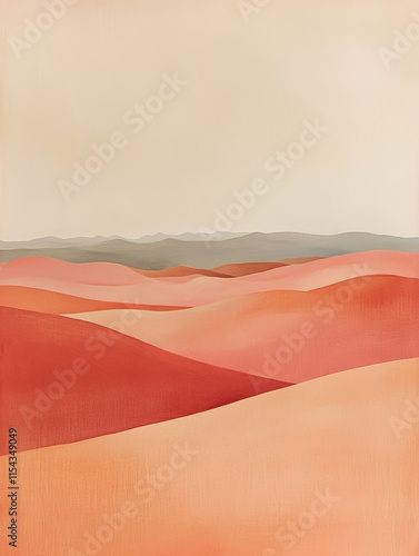 A soft pastel painting of an arid desert landscape, featuring rolling hills and distant sand dunes under the clear sky. 