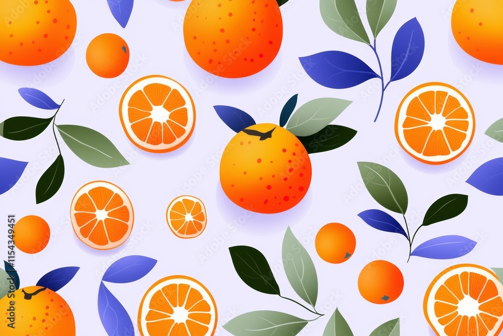 A hand-drawn seamless pattern featuring oranges and purple leaves on a blue background, ideal for textiles, wallpaper, and cards. A hand-drawn seamless pattern featuring oranges and purple leaves on a blue background, ideal for textiles, wallpaper, and cards.