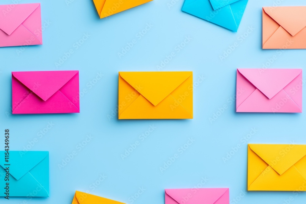 A three-dimensional arrangement of pastel-colored envelopes, laid out in rows on a green background. A three-dimensional arrangement of pastel-colored envelopes, laid out in rows on a green background.