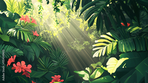 Sunlit floral postcard half-hidden among lush greenery , peaceful, outdoor, verdant. Verdantine. Illustration photo