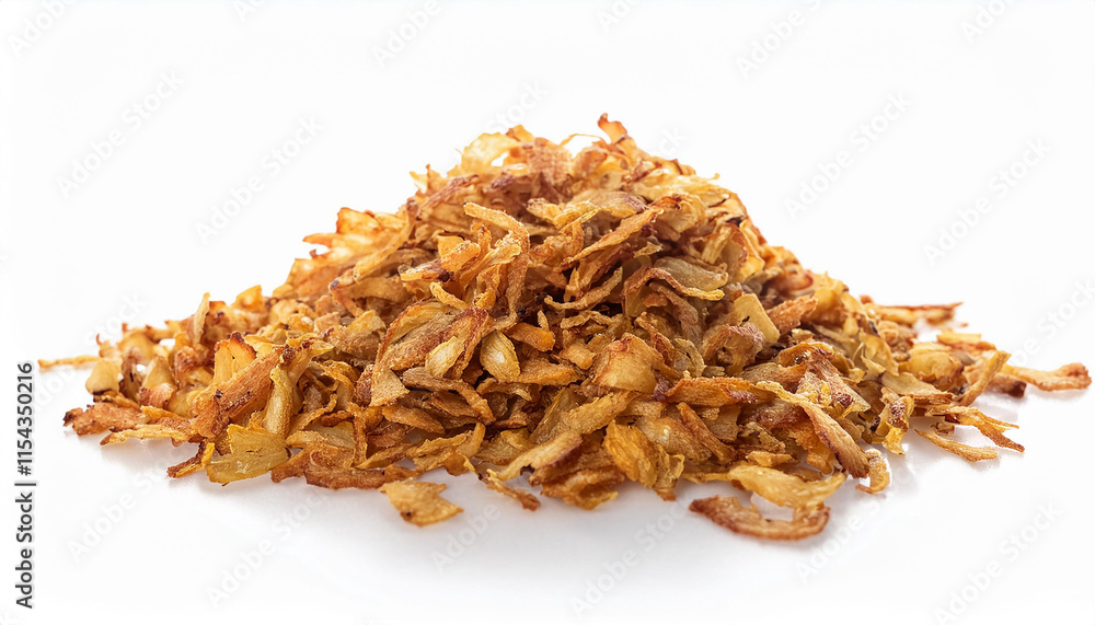 Heap of crispy shallots isolated on white backdrop. Tasty food. Heap of crispy shallots isolated on white backdrop. Tasty food.