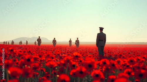 anzac remembrance day celebration soldiers in red poppy field