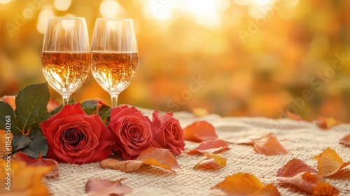 Romantic picnic setup with red roses, wine, and a blanket in a park, ideal for a Valentine's Day date
