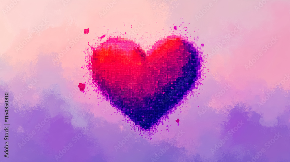 Pixelated red heart dissolving on pastel purple background Pixelated red heart dissolving on pastel purple background