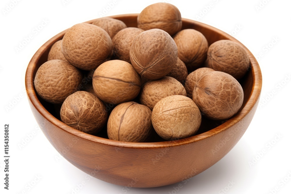 Close up photo of walnuts brown and egg shaped edible seeds from Myristica fragrans tree used as spice isolated on white background Close up photo of walnuts brown and egg shaped edible seeds from Myristica fragrans tree used as spice isolated on white background