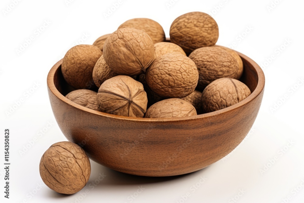 Close up photo of walnuts brown and egg shaped edible seeds from Myristica fragrans tree used as spice isolated on white background Close up photo of walnuts brown and egg shaped edible seeds from Myristica fragrans tree used as spice isolated on white background