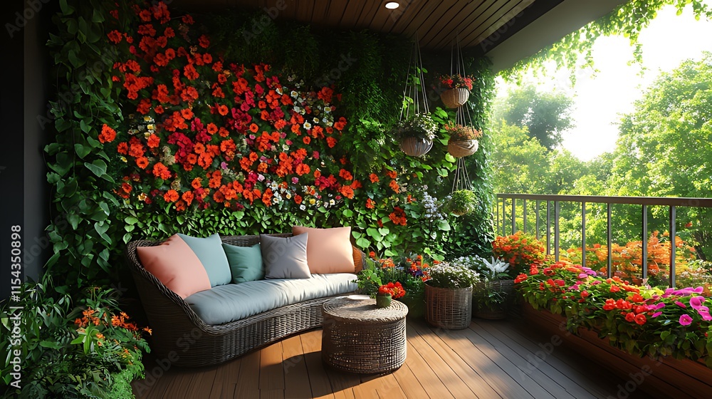 Lush floral balcony with wicker sofa, flowers, plants, and wooden flooring. Lush floral balcony with wicker sofa, flowers, plants, and wooden flooring.