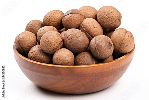 Close up photo of whole and halved walnuts in a wooden bowl used as spice and in traditional medicine Isolated over white with a fragrant or true walnut varie photo