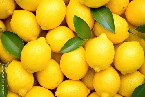 Close up texture background of ripe yellow lemons from a bountiful harvest