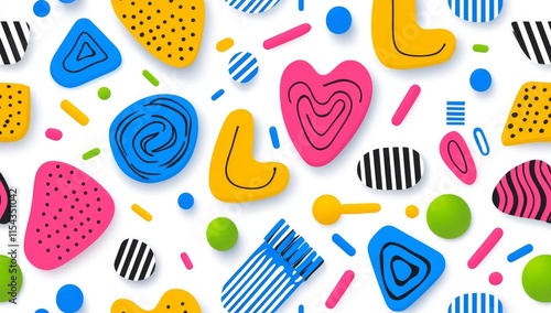 A seamless pattern with neon colors, showcasing a complex mix of abstract geometric shapes and designs.