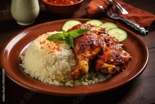Close up top view of Indonesian chicken baked in ginger garlic sauce served with rice on a plate