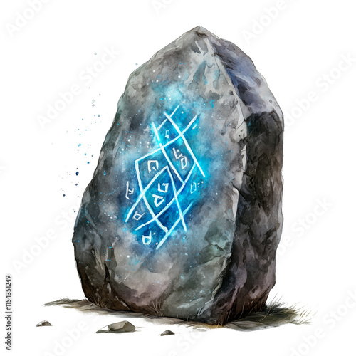 Watercolor Illustration of a Mystical Rune Stone with Glowing Blue Symbols, Fantasy Magic Design on Transparent Background photo