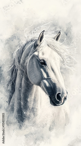 A delicate watercolor painting of an elegant white horse, capturing the softness and beauty in its fur texture against a muted background. 