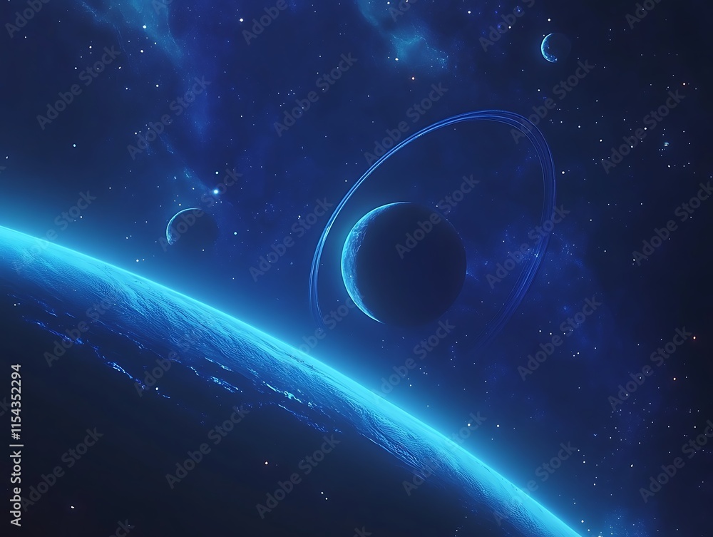 Fototapeta premium Stunning Digital Painting: Celestial Bodies Gracefully Orbiting in a Vibrant Blue Nebula. AI Generated