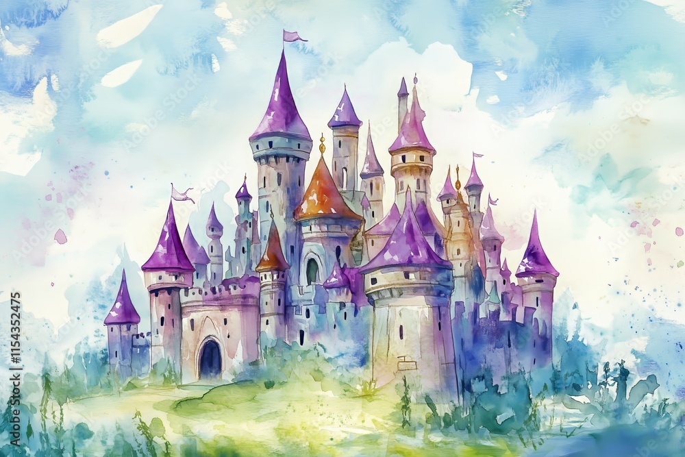 custom made wallpaper toronto digitalEnchanting watercolor of a fantasy castle with multiple towers and violet roofs, ideal for children's book designs, invitations, and whimsical decor projects
