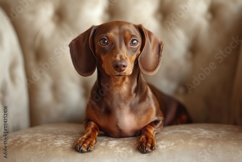 Elegant chocolatebrown dachshund on plush velvet couch photo