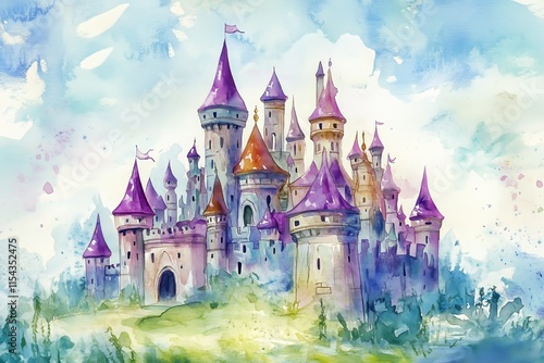 Wallpaper Mural Enchanting watercolor of a fantasy castle with multiple towers and violet roofs, ideal for children's book designs, invitations, and whimsical decor projects Torontodigital.ca