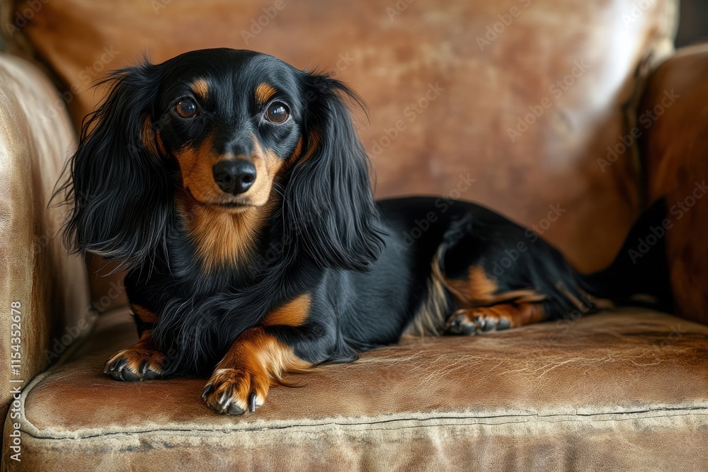 Longhaired dachshund on leather couch in cozy room Longhaired dachshund on leather couch in cozy room