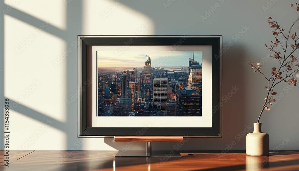 Fototapeta premium Digital frame displaying cityscape with copy space. mockup