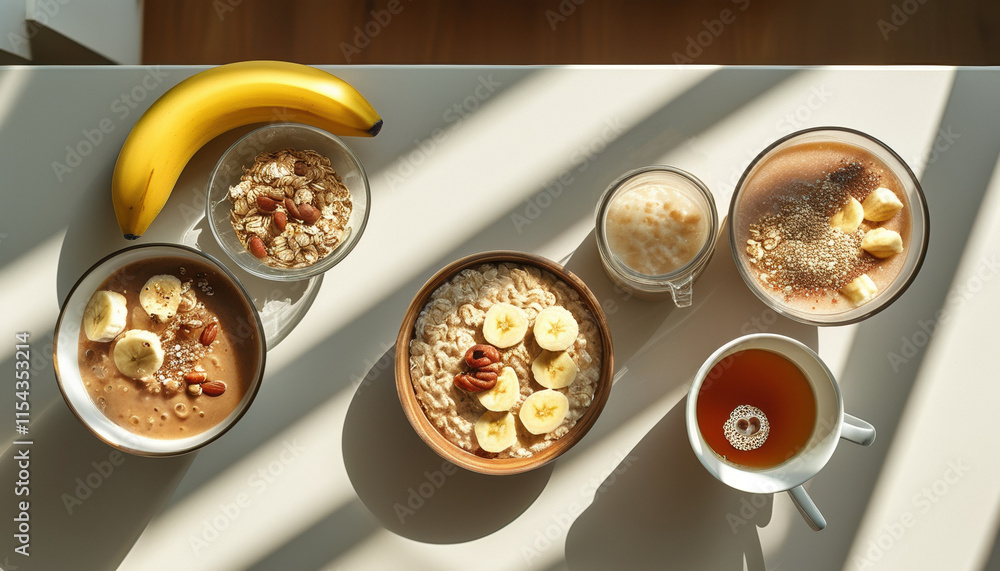 Healthy breakfast with banana and oatmeal bowls on desk with copy space Healthy breakfast with banana and oatmeal bowls on desk with copy space