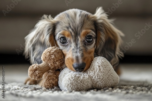 Realistic DSLR photo of dapple dachshund carrying plush toy