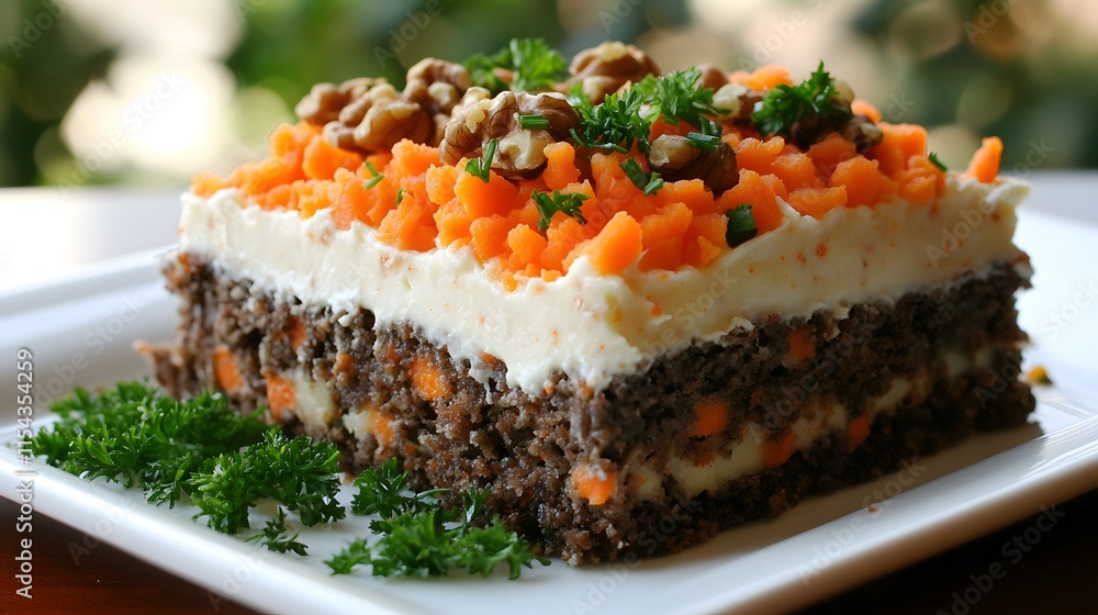 A delicious layered cake with carrot, cream cheese frosting, and walnuts.  Garnished with fresh parsley, it's a perfect dessert for any occasion.  The moist cake layers are visible.