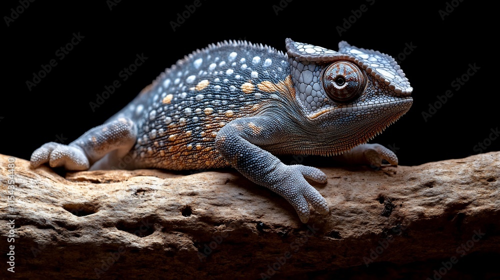 Obraz premium Small chameleon on wood, black background.