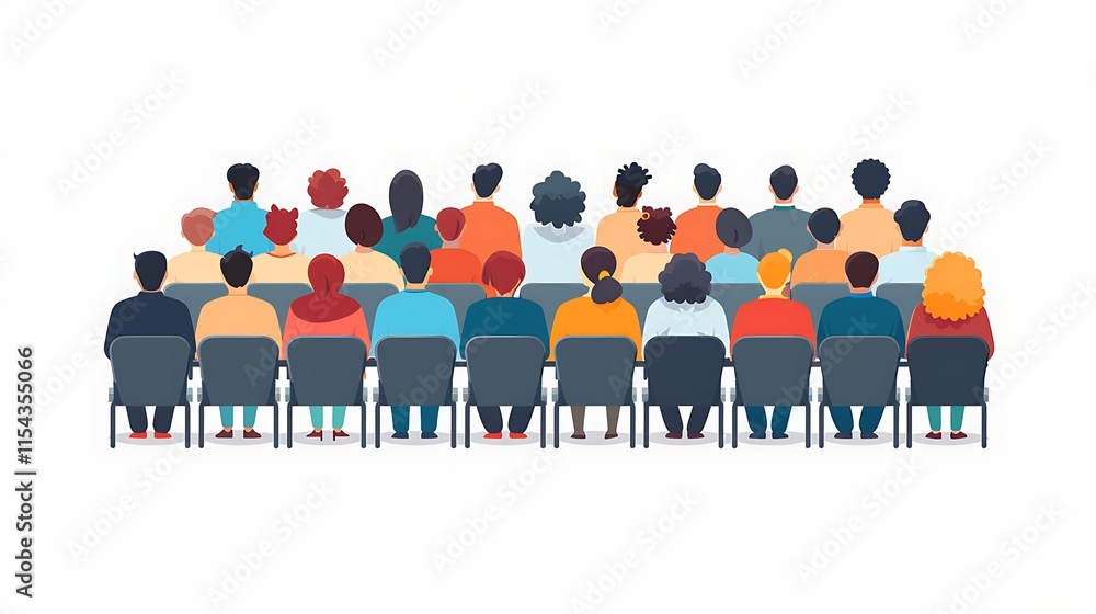 Rear view of academic auditorium, fan audience, people s crowd. Set of spectator's backs. Backside of characters sitting and standing. Colored flat graphic vector illustration isolated on white Rear view of academic auditorium, fan audience, people s crowd. Set of spectator's backs. Backside of characters sitting and standing. Colored flat graphic vector illustration isolated on white