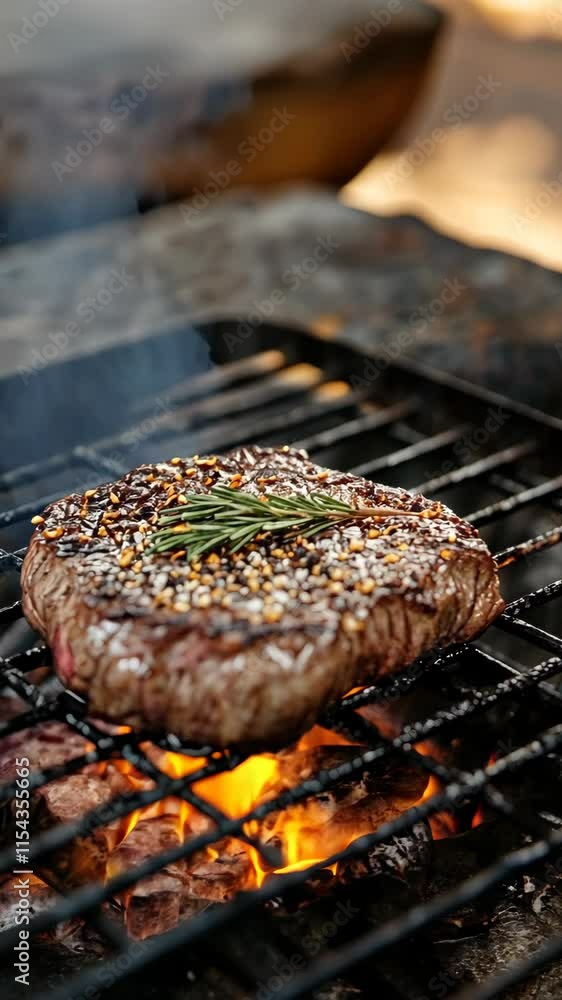 Grilling a seasoned steak with herbs over an open flame at a backyard barbecue party in the evening Grilling a seasoned steak with herbs over an open flame at a backyard barbecue party in the evening