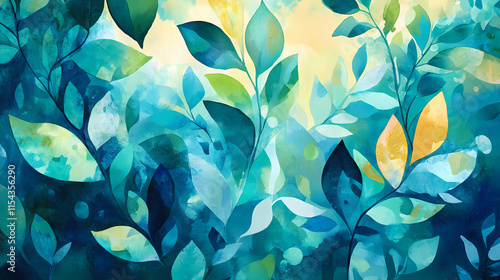 A vibrant tapestry of watercolor foliage and abstract shapes, blooming with verdant life in hues of turquoise and emerald green. Verdantine. Illustration