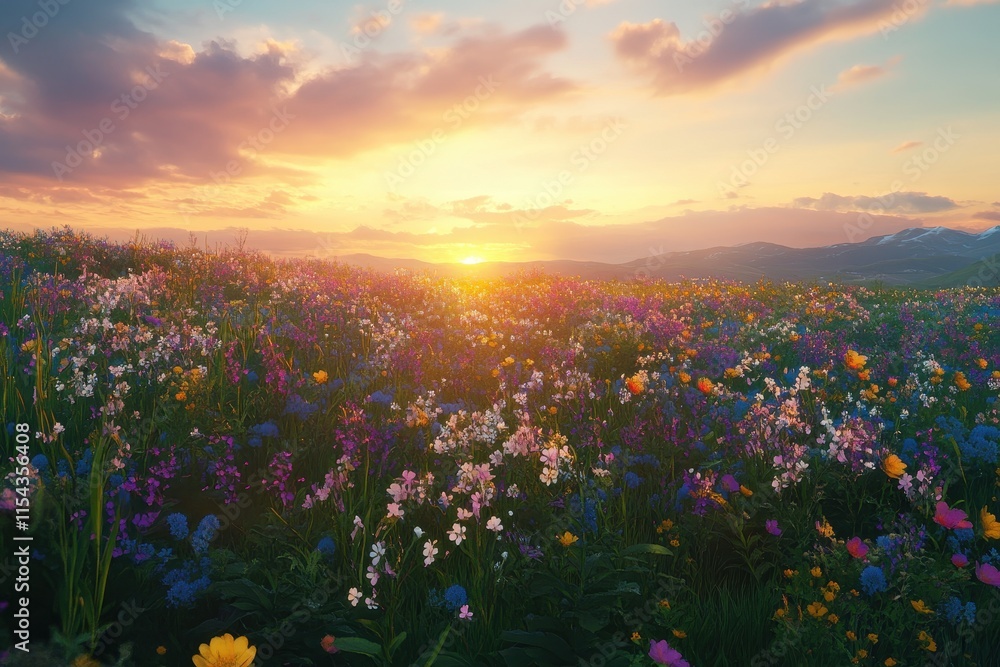Obraz premium Sunset over a vibrant wildflower meadow with blooming colors and a serene sky