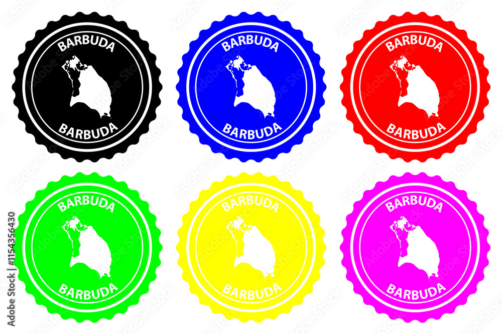 Barbuda - rubber stamp - vector, Antigua and Barbuda map pattern - sticker - black, blue, green, yellow, purple and red Barbuda - rubber stamp - vector, Antigua and Barbuda map pattern - sticker - black, blue, green, yellow, purple and red