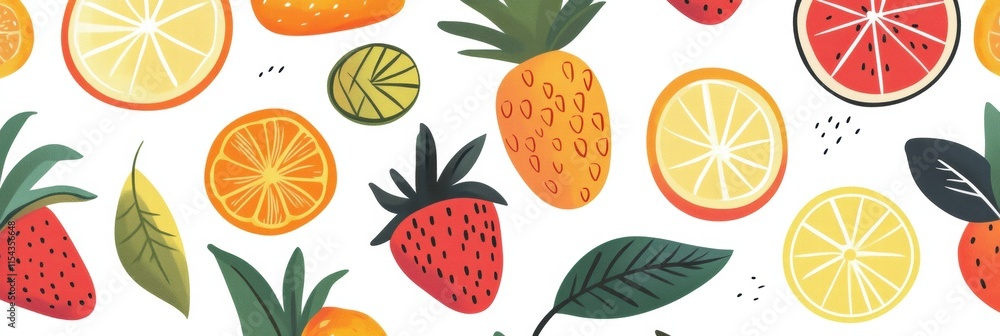 Vibrant pattern showcasing tropical fruits like pineapples and strawberries on a bright white background. Generative AI Vibrant pattern showcasing tropical fruits like pineapples and strawberries on a bright white background. Generative AI