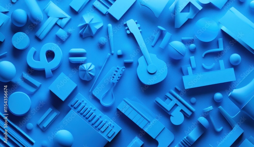 Abstract blue 3D shapes and musical instruments background. Abstract blue 3D shapes and musical instruments background.