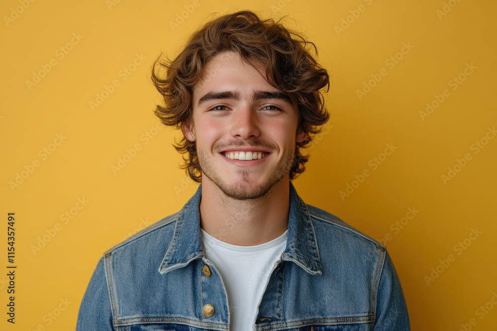 Young man with curly hair and white shirt smiles at camera in bright park setting, surrounded by colorful flowers and trees on a sunny day.