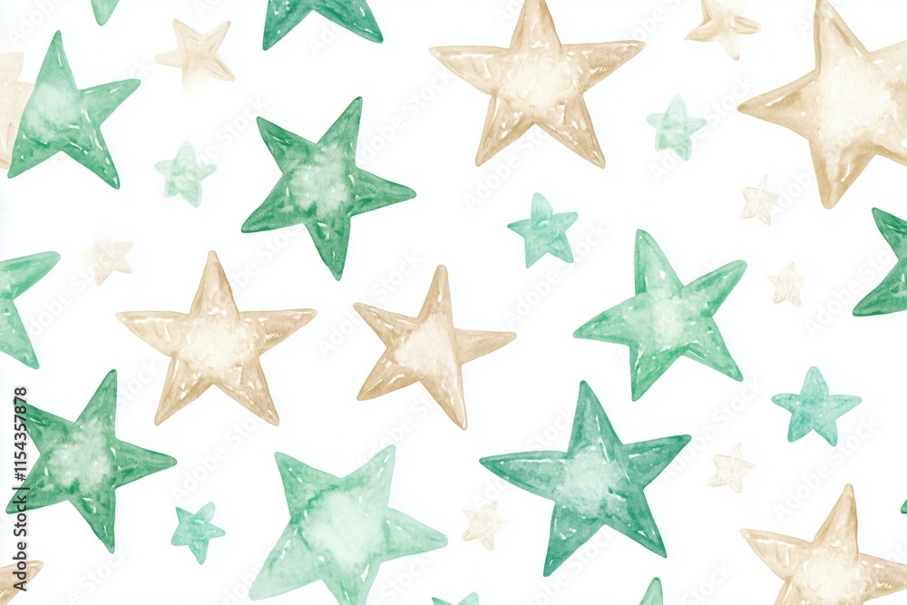 Obraz premium Seamless watercolor pattern of cute green and beige stars on a white background ideal for children s room decor playful design elements