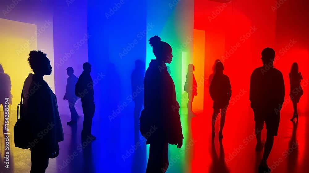 custom made wallpaper toronto digitalA group of diverse visitors, silhouetted against glowing walls of vibrant colors, explores an immersive art installation. The atmosphere is dynamic and energetic, providing a unique artistic