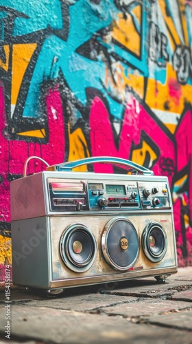 vintage boombox on vibrant graffiti background, retro and urban aesthetic, focus on bold details and energy photo