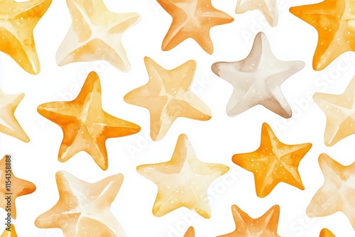 Seamless watercolor pattern of cute yellow and beige stars on a white background ideal for children s room decor playful design elements