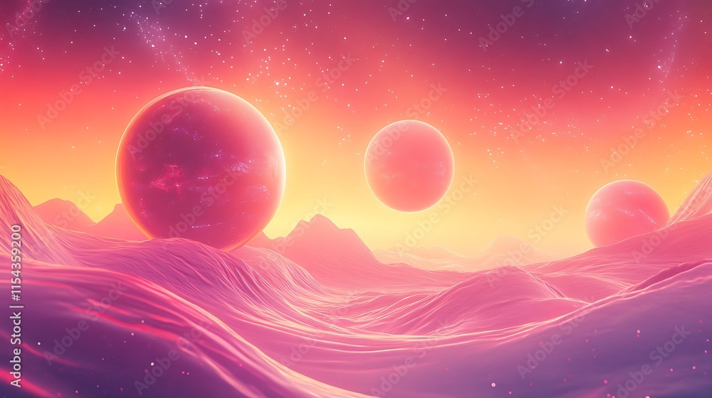 Dreamlike Digital Painting: Vibrantly Hues Planets Gracefully Rise Over Surreal Pink Landscape. AI Generated