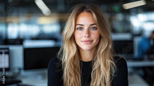 A confident woman with long hair smiles warmly as she works in a brightly lit modern office, highlighting her professional attitude surrounded by tech equipment. photo